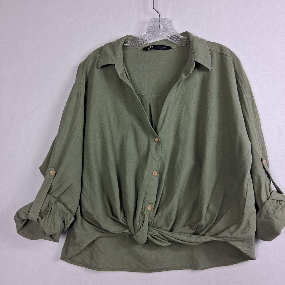 Zara Linen Blend Crop Top Small Green Knotted Front Casual Earthy Lagenlook Boho